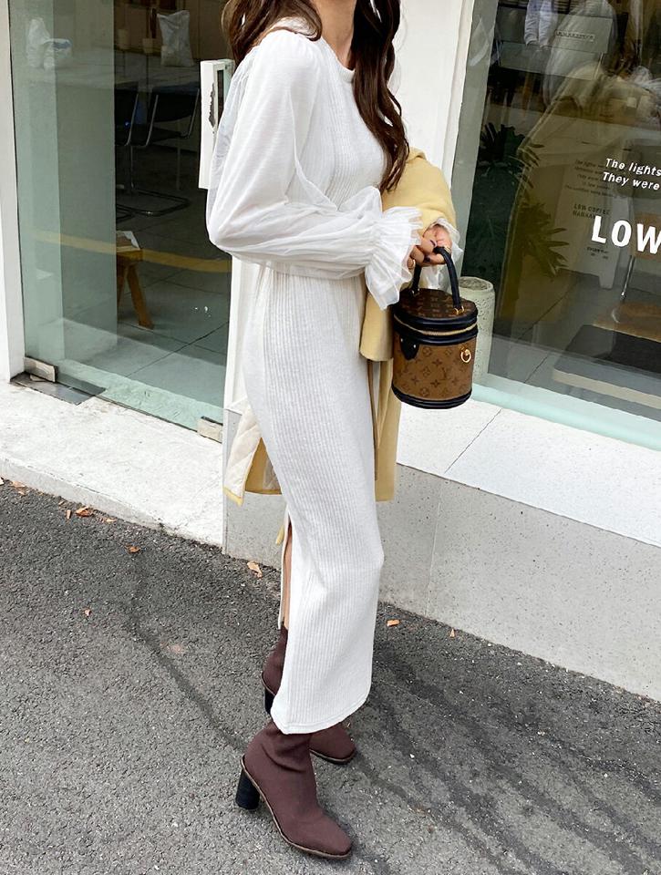 シフォンスリーブリブワンピース・全2色・t65681 レディース 【ops】韓国ファッション ワンピース ロング ロングワンピース 長袖 ラウンドネック シフォン スリーブリブ スリット ロング丈 無地 シンプル 体型カバー カジュアル フェミニン 秋 冬