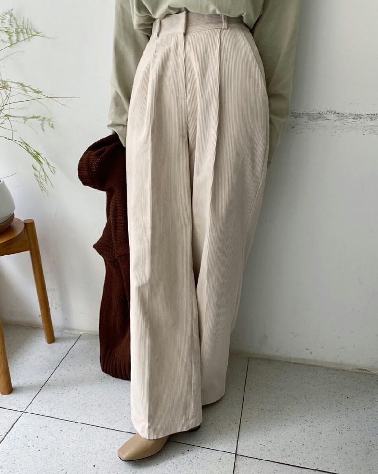 ワイドコーデュロイパンツ・全3色・t65698 レディース 【pt】韓国ファッション ボトムス ロング ロングパンツワイド コーデュロイパンツ ハイウエスト タック ポケット 体型もカバー ウエストゴム シンプル カジュアル デイリー 秋 冬