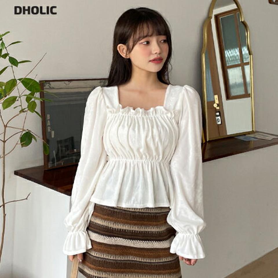 ベルベットシャーリングブラウス・全3色・t01511 レディース 【bl】韓国ファッション トップス ブラウス 長袖 スクエアネック ベルベット シャーリング パフショルダー 無地 大人 シンプル フェミニン 上品 体型カバー 細身 ガーリー 秋 冬 NIJU