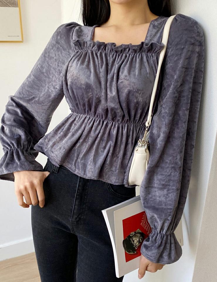ベルベットシャーリングブラウス・全3色・t01511 レディース 【bl】韓国ファッション トップス ブラウス 長袖 スクエアネック ベルベット シャーリング パフショルダー 無地 大人 シンプル フェミニン 上品 体型カバー 細身 ガーリー 秋 冬 NIJU