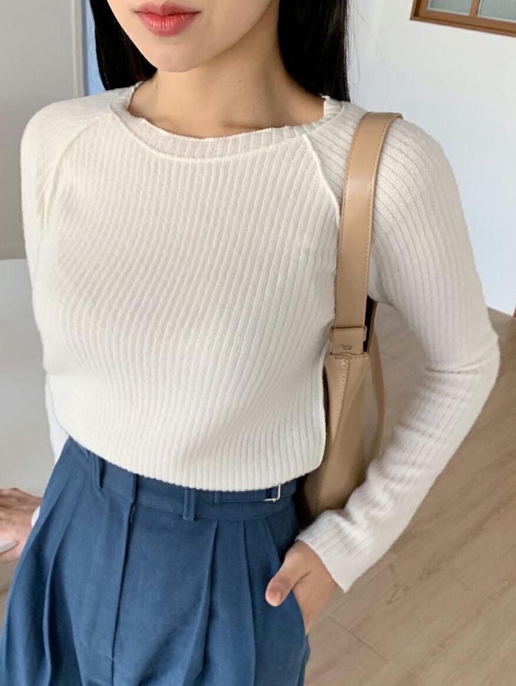 ラウンドヘムラグランリブニット・全4色・t01544 レディース 【tops】韓国ファッション トップス ニット 長袖 ラウンドネック アンバランス ラグラン フェミニン 異素材 無地 シンプル スリム デイリー ガーリー カジュアル 秋 冬 NIJU
