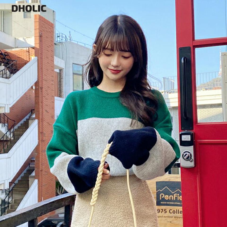 即日配送 3カラーラウンドニット・全3色・t01512 レディース 【tops】韓国ファッション トップス ニット 長袖 ラウンドネック フェミニン 配色 リブ ドロップショルダー カラーニット ウール混 シンプル ルーズ デイリー ガーリー カジュアル 秋 冬 NIJU
