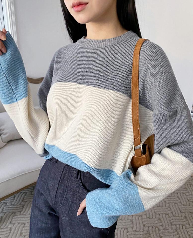即日配送 3カラーラウンドニット・全3色・t01512 レディース 【tops】韓国ファッション トップス ニット 長袖 ラウンドネック フェミニン 配色 リブ ドロップショルダー カラーニット ウール混 シンプル ルーズ デイリー ガーリー カジュアル 秋 冬 NIJU
