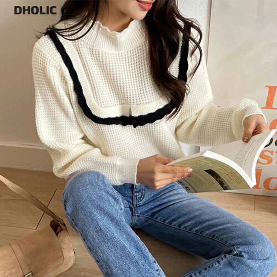 配色フリルハーフネックニット・全2色・b01513 レディース 【tops】韓国ファッション トップス ニット 長袖 ハーフネック 配色 フリル スリット フェミニン ワッフル編み 異素材 シンプル ルーズ デイリー ガーリー カジュアル 秋 冬 NIJU