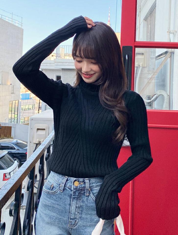 タートルネッククロスリブニット・全6色・t01514 レディース 【tops】韓国ファッション トップス ニット 長袖 タートルネック クロスリブ フェミニン 異素材 無地 シンプル スリム デイリー ガーリー カジュアル 秋 冬 NIJU
