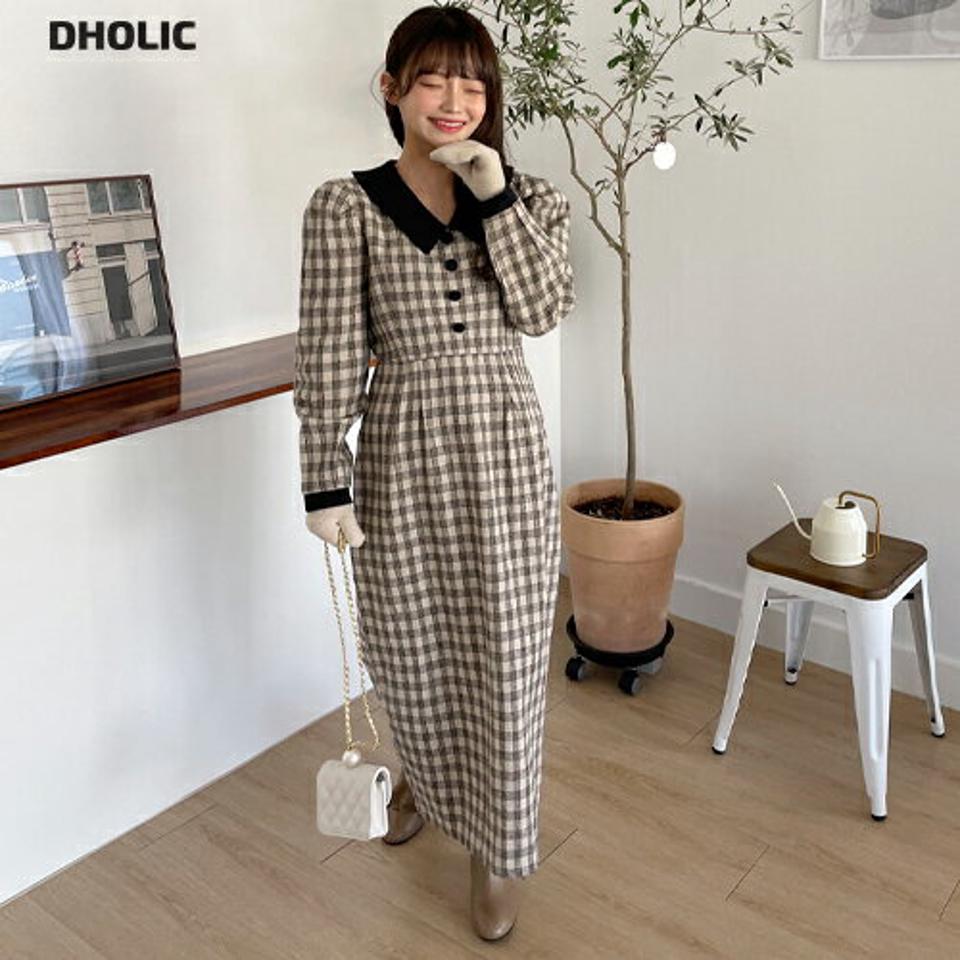 配色カラーチェックワンピース・全2色・t01518 レディース 【ops】韓国ファッション ワンピース ロング ロングワンピース 長袖 Vネック カラー 配色 チェック ボタン スリット ロング丈 異素材 シンプル 体型カバー カジュアル 秋 冬 NIJU