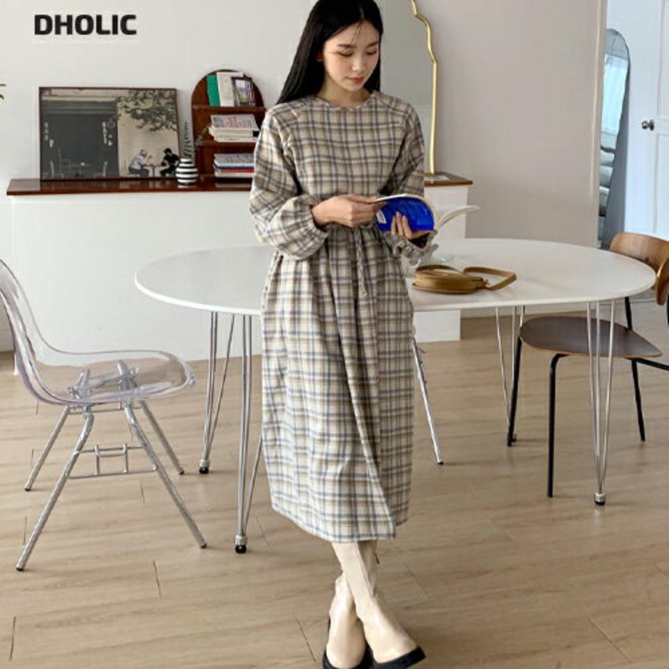 ストリングチェック柄ワンピース・全3色・t01519 レディース 【ops】韓国ファッション ワンピース ロング ロングワンピース 長袖 ラウンドネック ストリング チェック柄 ロング丈 ウール混 シンプル 体型カバー カジュアル 秋 冬 NIJU