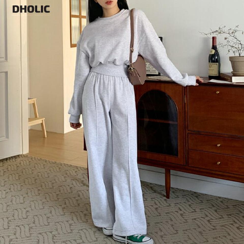 ≪人気商品再入荷≫裏起毛クロップドスウェット&ワイドパンツSET・全3色・b01523 レディース 【pt】韓国ファッション ボトムス パンツ ロング スウェット 長袖 ワンマイルウェア 無地 ショート丈 クロップド丈 ウエストゴム 体型カバー 秋 冬 NIJU