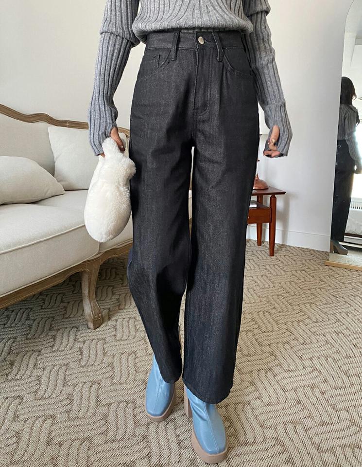 裏起毛ブラックワイドデニムパンツ・全1色・t01533 レディース 【pt】韓国ファッション ボトムス パンツ ロング ロングパンツ デニムパンツ デニム 裏起毛 ワイド ロング丈 シンプル 足長 体型カバー シック カジュアル デイリー 秋 冬 NIJU