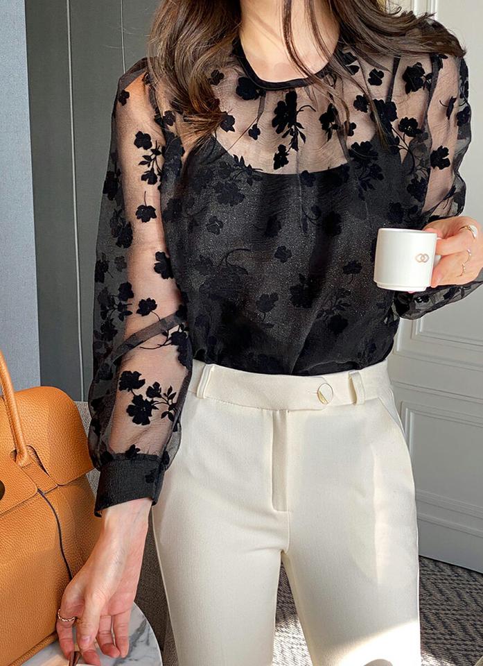ベルベットフラワーシースルーブラウス・全1色・t71135 レディース 【bl】トップス ブラウス 長袖 透け感 シアー シースルー 花柄 ベルベット フェミニン きれいめ 大人 デート 秋 冬 韓国ファッション ハイホリHIHOLLI