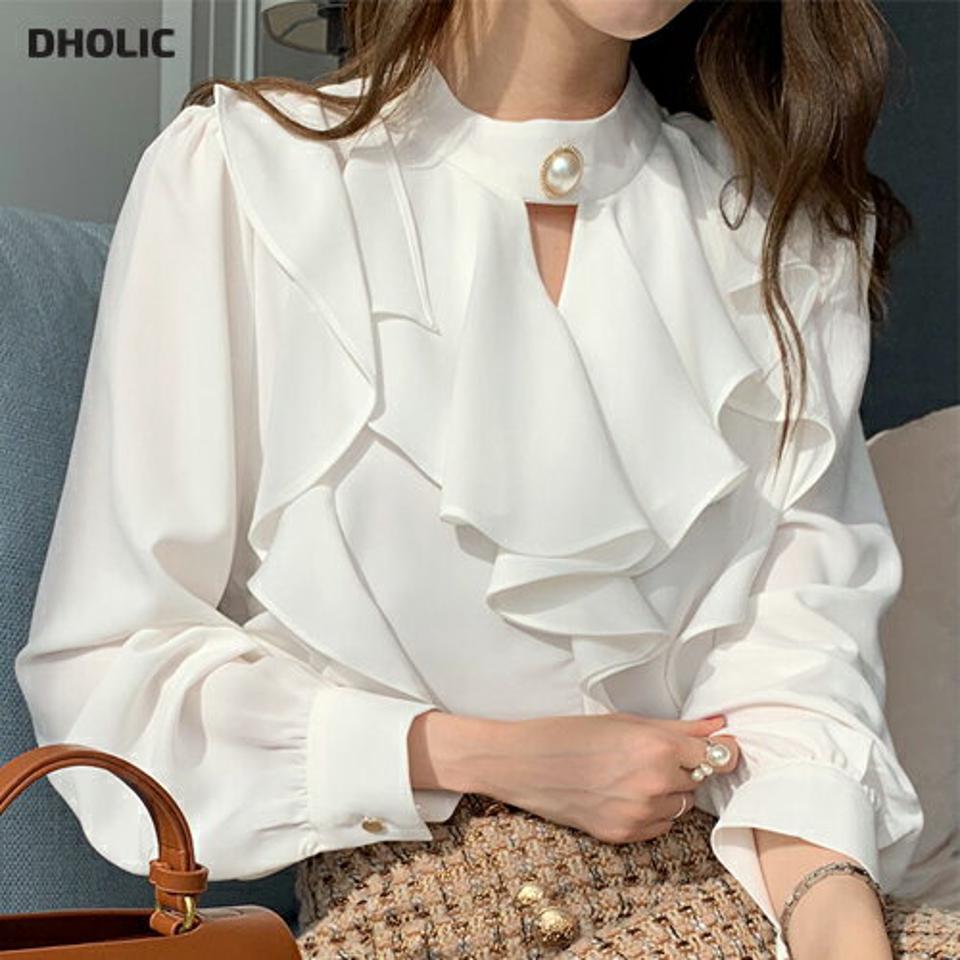 【マラソン特価】パール調ポイントラッフルブラウス・全3色・b71138 レディース 【bl】トップス ブラウス 長袖 ラッフル フリル パールボタン フェミニン カットアウト パール スリット デコラティブ オケージョン 秋 冬 ワンホン 韓国ファッション ハイホリHIHOLLI セール