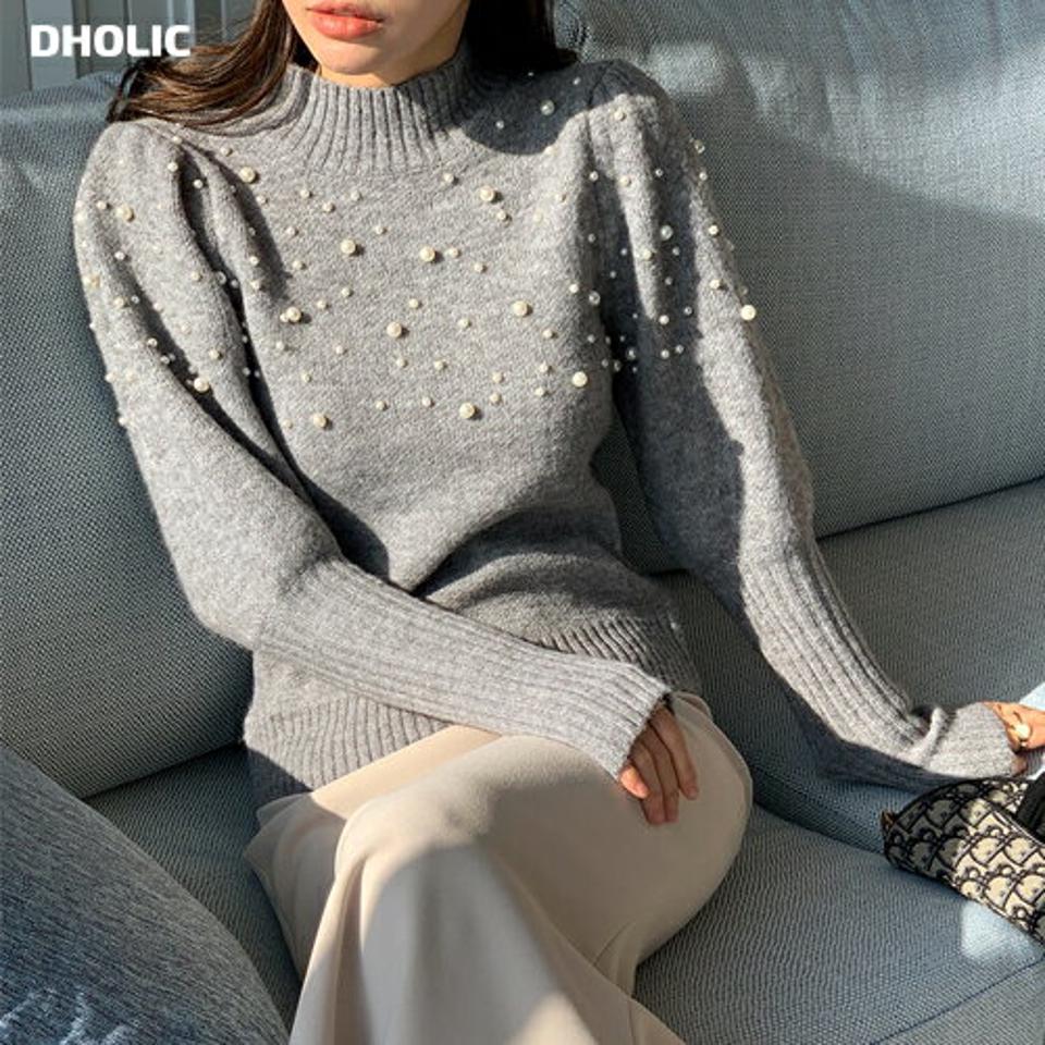 【只今10%OFF】リブロングカフスフェイクパールニット・全2色・b71140 レディース 【tops】トップス ニット 長袖 パール 上品 大人 きれいめ ハーフネック ニットトップス 秋 冬 韓国ファッション ハイホリHIHOLLI【ニットセール】