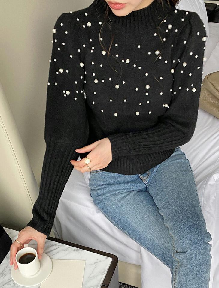 【只今10%OFF】リブロングカフスフェイクパールニット・全2色・b71140 レディース 【tops】トップス ニット 長袖 パール 上品 大人 きれいめ ハーフネック ニットトップス 秋 冬 韓国ファッション ハイホリHIHOLLI【ニットセール】