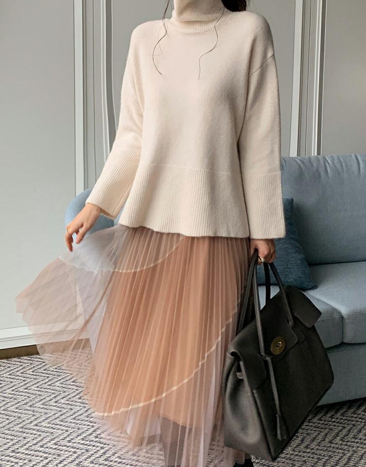 タートルネックスリットニット・全4色・b71143 レディース 【tops】トップス ニット 長袖 ニットトップス タートルネック ハイネック カラーニット スリット 無地 ベーシック カラーニット 水色 インしない 秋 冬 韓国ファッション ハイホリHIHOLLI