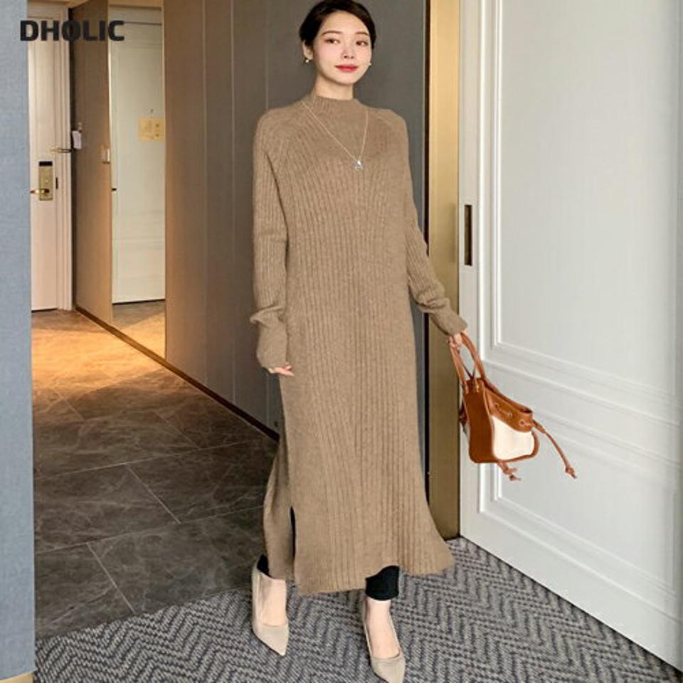 ≪人気商品再入荷≫ハーフネックリブロングワンピース・全5色・b71151 レディース 【ops】ワンピース ロング丈 ロングワンピース ハーフネック 長袖 リブ 単色 無地 シンプル 大人 Iライン カジュアル 秋 冬 韓国ファッション ハイホリHIHOLLI