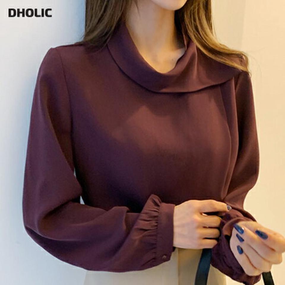 ラップ風カラーブラウス・全2色・t62900 レディース 【bl】韓国ファッション トップス ブラウス 長袖 カラーネック アンバランス ラップ風 無地 シンプル サラサラ 大人 体型カバー カジュアル フェミニン 秋 冬