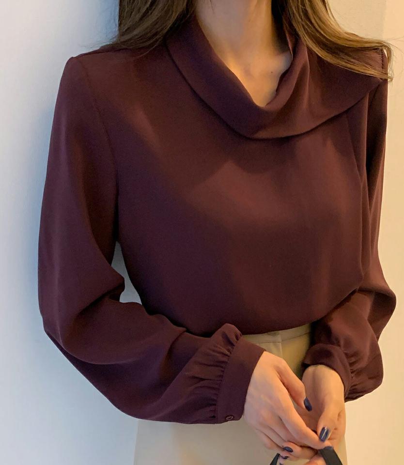 ラップ風カラーブラウス・全2色・t62900 レディース 【bl】韓国ファッション トップス ブラウス 長袖 カラーネック アンバランス ラップ風 無地 シンプル サラサラ 大人 体型カバー カジュアル フェミニン 秋 冬