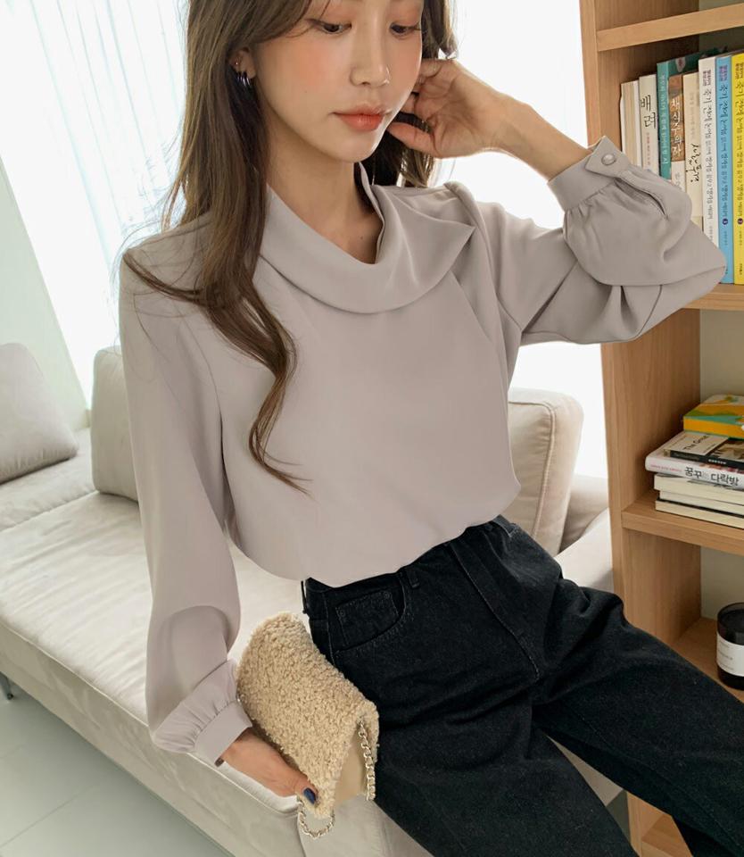 ラップ風カラーブラウス・全2色・t62900 レディース 【bl】韓国ファッション トップス ブラウス 長袖 カラーネック アンバランス ラップ風 無地 シンプル サラサラ 大人 体型カバー カジュアル フェミニン 秋 冬