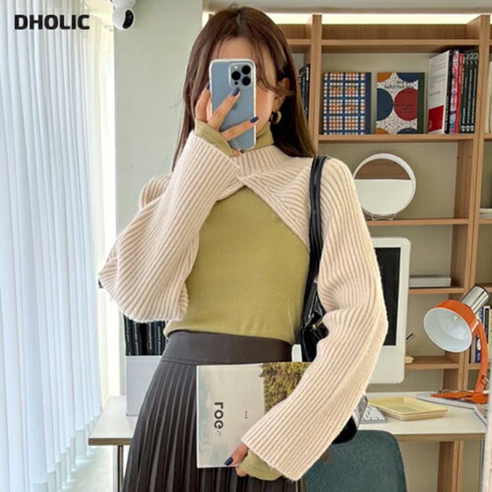 ボレロ風リブニット・全4色・t62902 レディース 【tops】韓国ファッション トップス ニット 大人 長袖 ハーフネック ボレロ風 ユニーク リブ 異素材 無地 シンプル 体型カバー フェミニン カジュアル デイリー ガーリー 秋 冬