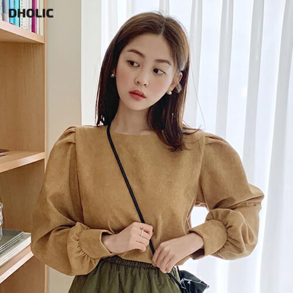 コーデュロイパフブラウス・全4色・t62906 レディース 【bl】韓国ファッション トップス ブラウス 長袖 ラウンドネック コーデュロイ パフスリーブ 無地 シンプル 大人 体型カバー カジュアル フェミニン 秋 冬