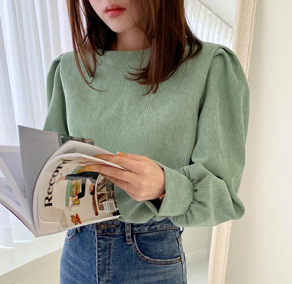 コーデュロイパフブラウス・全4色・t62906 レディース 【bl】韓国ファッション トップス ブラウス 長袖 ラウンドネック コーデュロイ パフスリーブ 無地 シンプル 大人 体型カバー カジュアル フェミニン 秋 冬