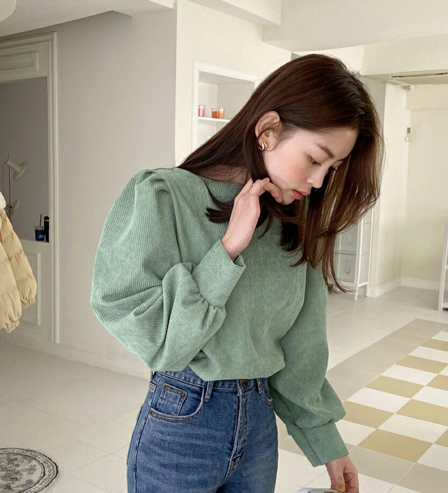 コーデュロイパフブラウス・全4色・t62906 レディース 【bl】韓国ファッション トップス ブラウス 長袖 ラウンドネック コーデュロイ パフスリーブ 無地 シンプル 大人 体型カバー カジュアル フェミニン 秋 冬