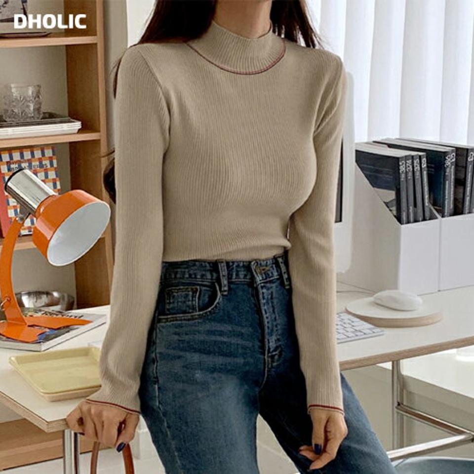 リブ配色ハーフネックニット・全4色・t62907 レディース 【tops】韓国ファッション トップス ニット 年上 大人 長袖 ハーフネック リブ 配色 スリム シンプル フェミニン カジュアル デイリー ガーリー 秋 冬