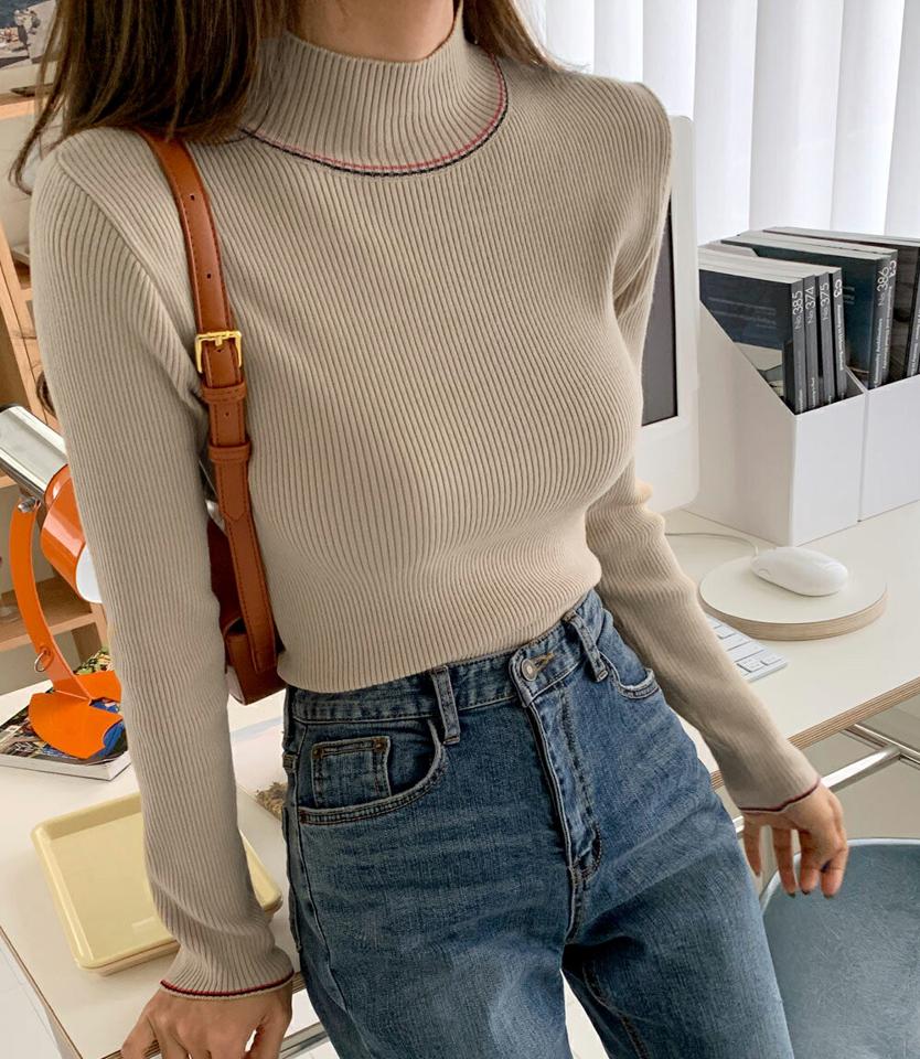 リブ配色ハーフネックニット・全4色・t62907 レディース 【tops】韓国ファッション トップス ニット 年上 大人 長袖 ハーフネック リブ 配色 スリム シンプル フェミニン カジュアル デイリー ガーリー 秋 冬