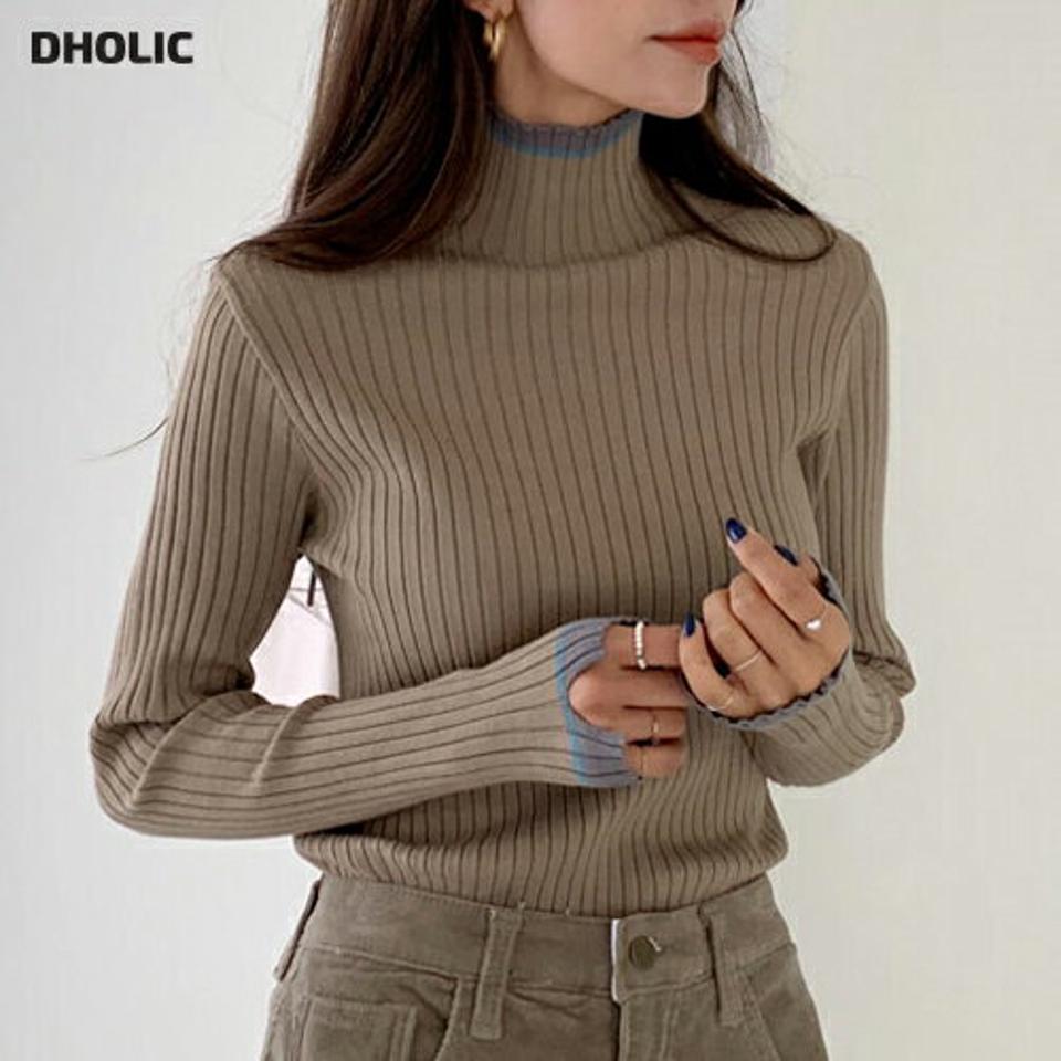 配色スリットスリーブリブニット・全2色・t62934 レディース 【tops】韓国ファッション トップス ニット 大人 長袖 ハイネック 配色 スリット スリム 無地 ベーシック シンプル 体型カバー フェミニン カジュアル デイリー ガーリー 秋 冬