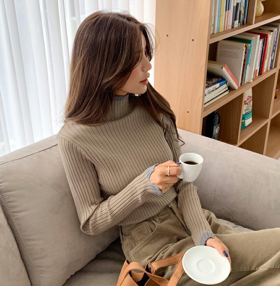 配色スリットスリーブリブニット・全2色・t62934 レディース 【tops】韓国ファッション トップス ニット 大人 長袖 ハイネック 配色 スリット スリム 無地 ベーシック シンプル 体型カバー フェミニン カジュアル デイリー ガーリー 秋 冬