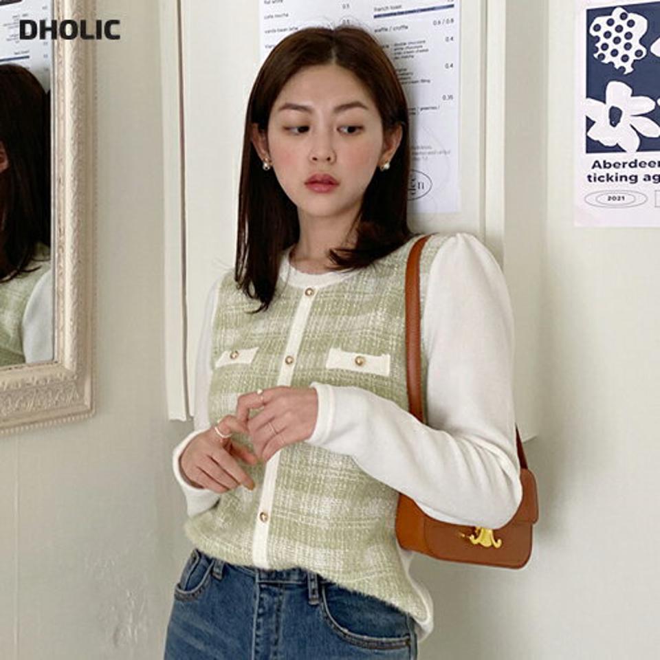起毛ゴールドボタンチェックニット・全3色・t62936 レディース 【tops】韓国ファッション トップス ニット 大人 長袖 ラウンドネック 起毛 ゴールドボタン チェック シンプル フェミニン デイリー ガーリー 高級感 秋 冬