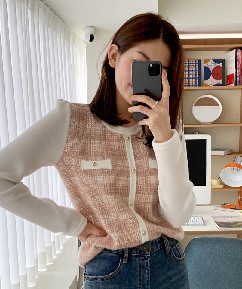 起毛ゴールドボタンチェックニット・全3色・t62936 レディース 【tops】韓国ファッション トップス ニット 大人 長袖 ラウンドネック 起毛 ゴールドボタン チェック シンプル フェミニン デイリー ガーリー 高級感 秋 冬