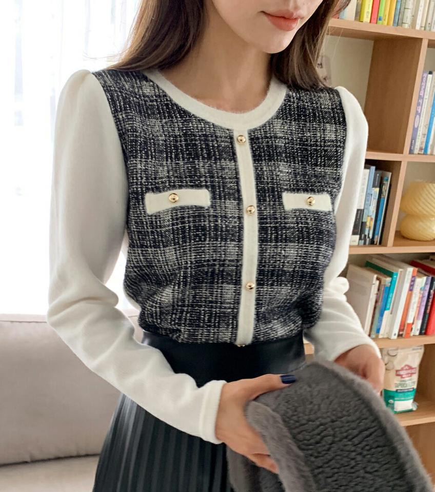 起毛ゴールドボタンチェックニット・全3色・t62936 レディース 【tops】韓国ファッション トップス ニット 大人 長袖 ラウンドネック 起毛 ゴールドボタン チェック シンプル フェミニン デイリー ガーリー 高級感 秋 冬
