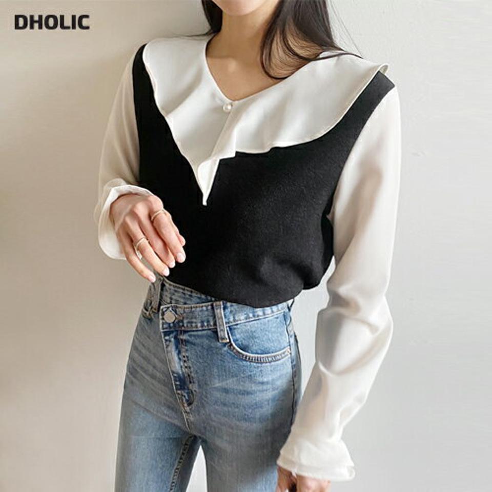ラッフル配色Tシャツ・全4色・t66280 レディース 【tops】韓国ファッション トップス Tシャツ 大人 長袖 Vネック ラッフル 配色 異素材 フェイクパール シンプル 体型カバー フェミニン カジュアル デイリー ガーリー 秋 冬