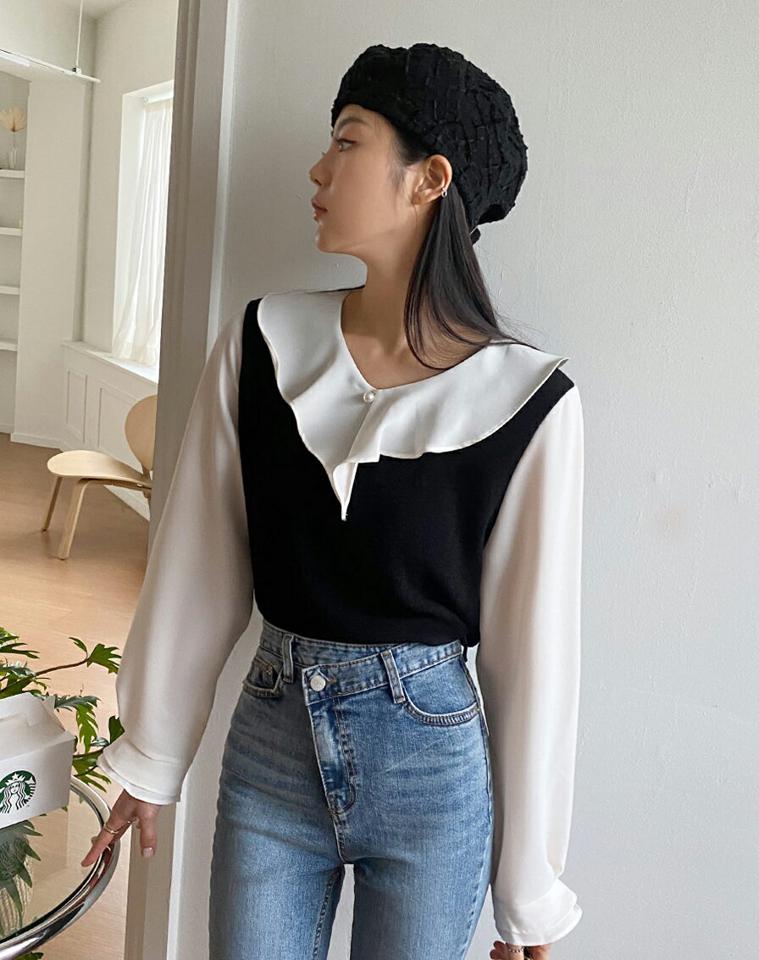 ラッフル配色Tシャツ・全4色・t66280 レディース 【tops】韓国ファッション トップス Tシャツ 大人 長袖 Vネック ラッフル 配色 異素材 フェイクパール シンプル 体型カバー フェミニン カジュアル デイリー ガーリー 秋 冬