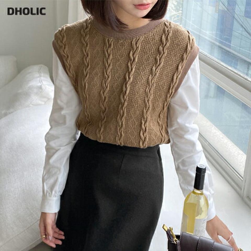 ケーブルスリーブ配色ニット・全3色・t66281 レディース 【tops】韓国ファッション トップス ニット 大人 長袖 ラウンドネック ケーブル編み シャツ風 スリーブ 配色 シンプル 体型カバー フェミニン カジュアル デイリー ガーリー 秋 冬