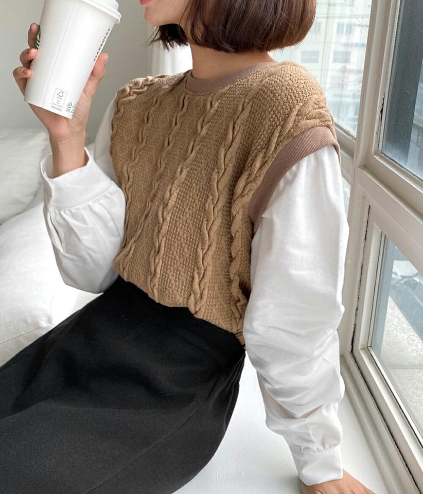 ケーブルスリーブ配色ニット・全3色・t66281 レディース 【tops】韓国ファッション トップス ニット 大人 長袖 ラウンドネック ケーブル編み シャツ風 スリーブ 配色 シンプル 体型カバー フェミニン カジュアル デイリー ガーリー 秋 冬