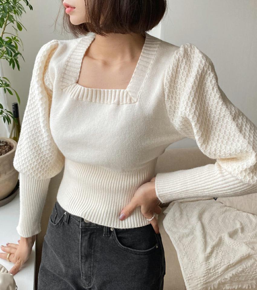 スクエアクロップドパフニット・全4色・t66277 レディース 【tops】韓国ファッション トップス 大人 長袖 スクエアネック クロップド丈 パフ スリム カラーニット ワッフル シンプル フェミニン デイリー ガーリー 秋 冬