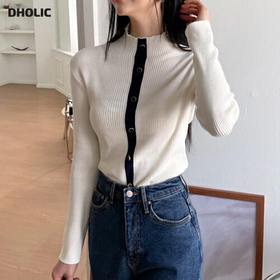ハーフネック配色ボタンリブニット・全3色・t66282 レディース 【tops】韓国ファッション トップス ニット 大人 長袖 ハーフネック 配色 ボタン リブ シンプル ユニーク スリム 異素材 体型カバー フェミニン カジュアル デイリー ガーリー 秋 冬