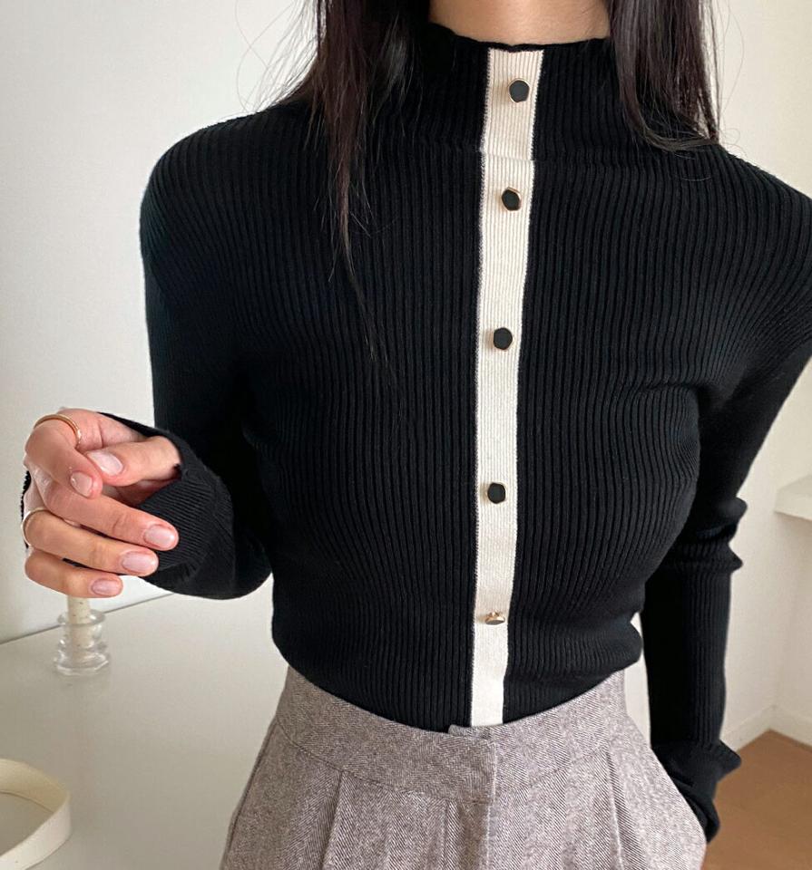 ハーフネック配色ボタンリブニット・全3色・t66282 レディース 【tops】韓国ファッション トップス ニット 大人 長袖 ハーフネック 配色 ボタン リブ シンプル ユニーク スリム 異素材 体型カバー フェミニン カジュアル デイリー ガーリー 秋 冬