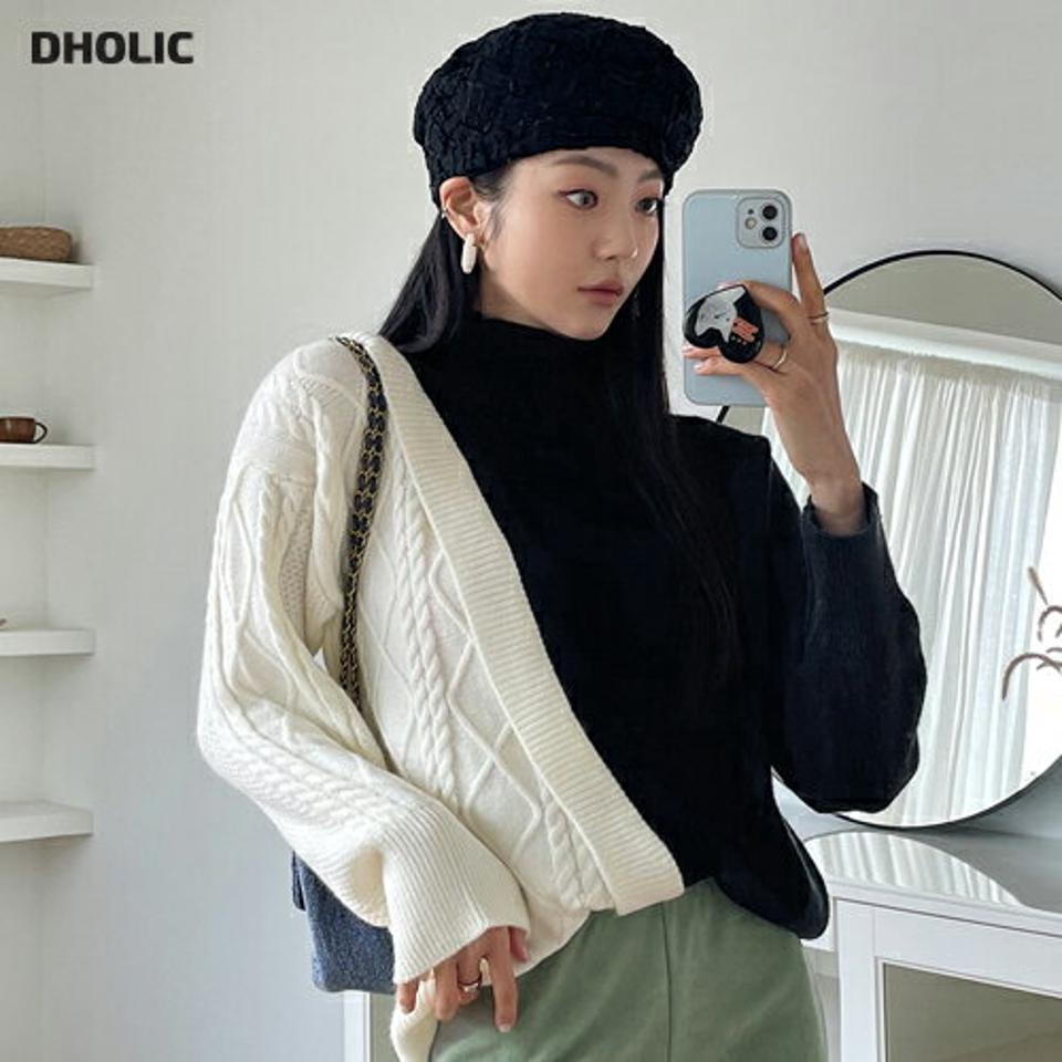 【マラソン特価】ハーフネック配色ニット・全2色・t66283 レディース 【tops】韓国ファッション トップス ニット 大人 長袖 ハーフネック 配色 コントラスト ケーブル編み ユニーク シンプル 異素材 体型カバー フェミニン カジュアル デイリー ガーリー 秋 冬