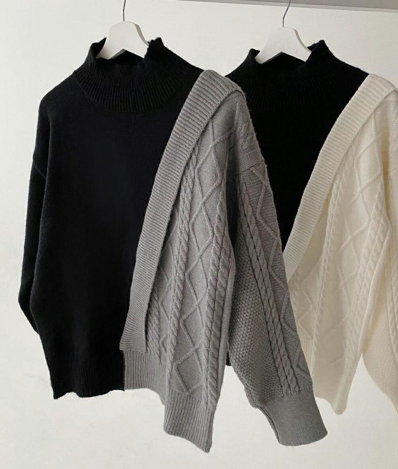 【マラソン特価】ハーフネック配色ニット・全2色・t66283 レディース 【tops】韓国ファッション トップス ニット 大人 長袖 ハーフネック 配色 コントラスト ケーブル編み ユニーク シンプル 異素材 体型カバー フェミニン カジュアル デイリー ガーリー 秋 冬