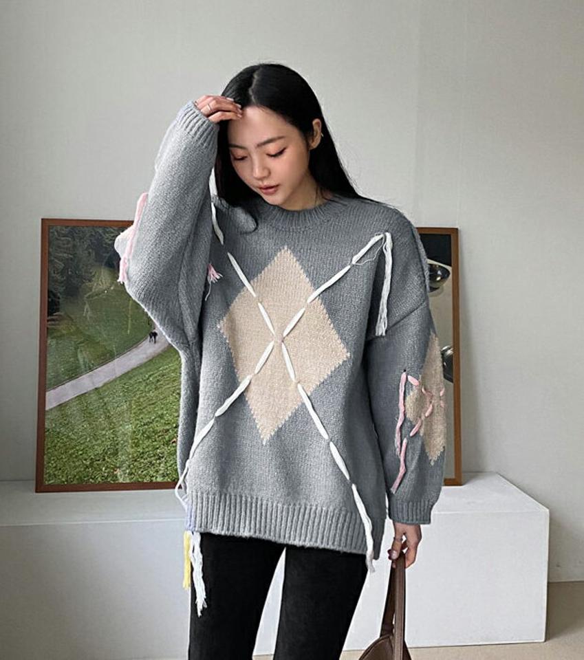 アーガイルステッチラインニット・全2色・t66284 レディース 【tops】韓国ファッション トップス ニット 大人 長袖 ラウンドネック アーガイル ステッチ カラーニット ユニーク 柄ニット シンプル 体型カバー フェミニン カジュアル デイリー ガーリー 秋 冬