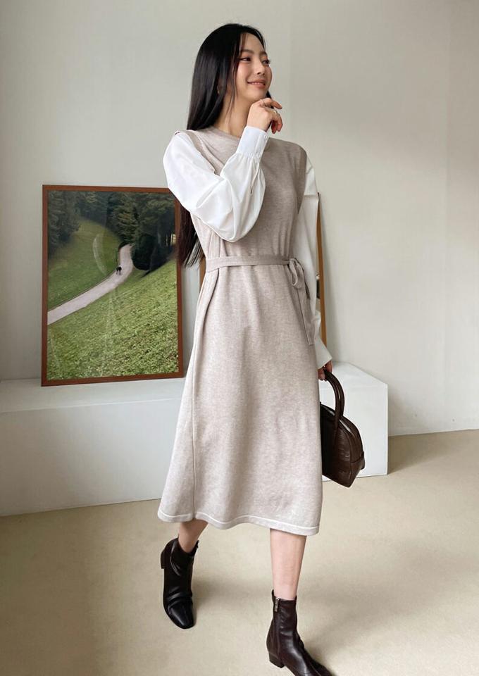 ストラップ付配色スリーブワンピース・全2色・t66288 レディース 【ops】韓国ファッション ワンピース ロング ロングワンピース 長袖 ラウンドネック ストラップ付 配色 ロング丈 Iライン 異素材 シンプル 体型カバー カジュアル フェミニン 秋 冬