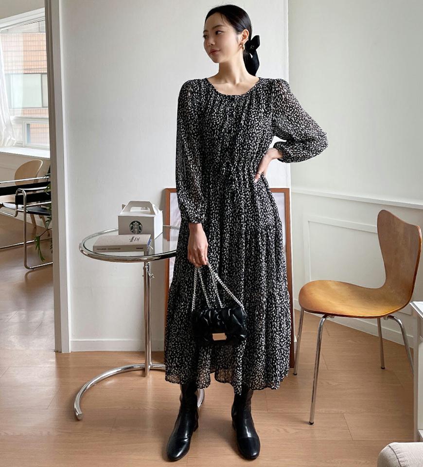 パターンウエストストリングワンピース・全2色・b66289 レディース 【ops】韓国ファッション ワンピース ロング ロングワンピース 長袖 ラウンドネック パターン ストリング ロング丈 シンプル 体型カバー カジュアル フェミニン 秋 冬
