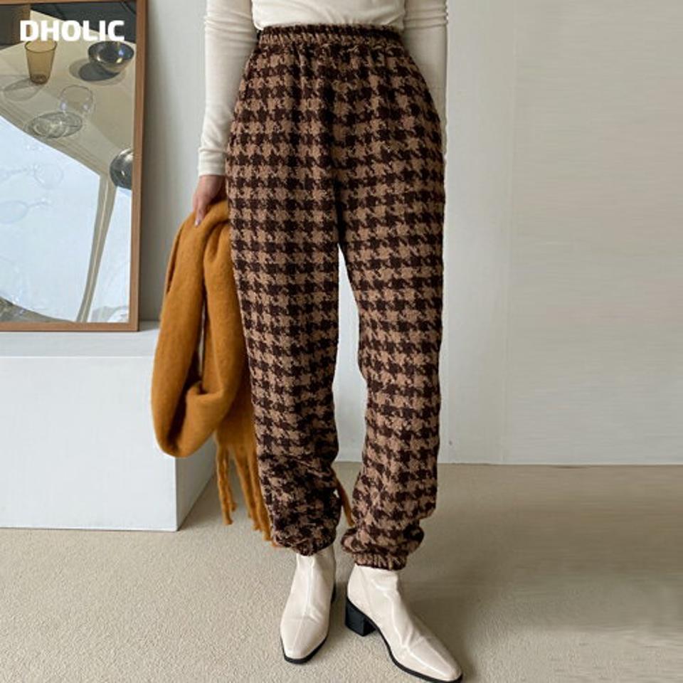 ハウンドトゥースジョガーパンツ・全2色・b66301 レディース 【pt】韓国ファッション ボトムス ロング ロングパンツ ハウンドトゥースチェック ジョガーパンツ 体型もカバー ハイウエスト ウエストゴム スクールガール カラーパンツ デイリー 秋 冬