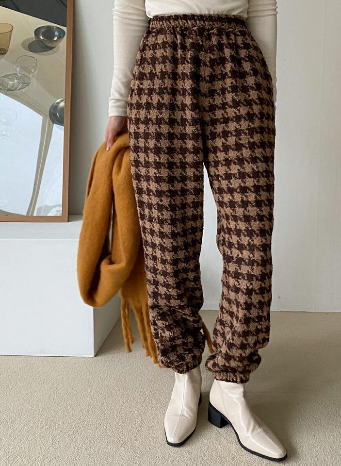 ハウンドトゥースジョガーパンツ・全2色・b66301 レディース 【pt】韓国ファッション ボトムス ロング ロングパンツ ハウンドトゥースチェック ジョガーパンツ 体型もカバー ハイウエスト ウエストゴム スクールガール カラーパンツ デイリー 秋 冬