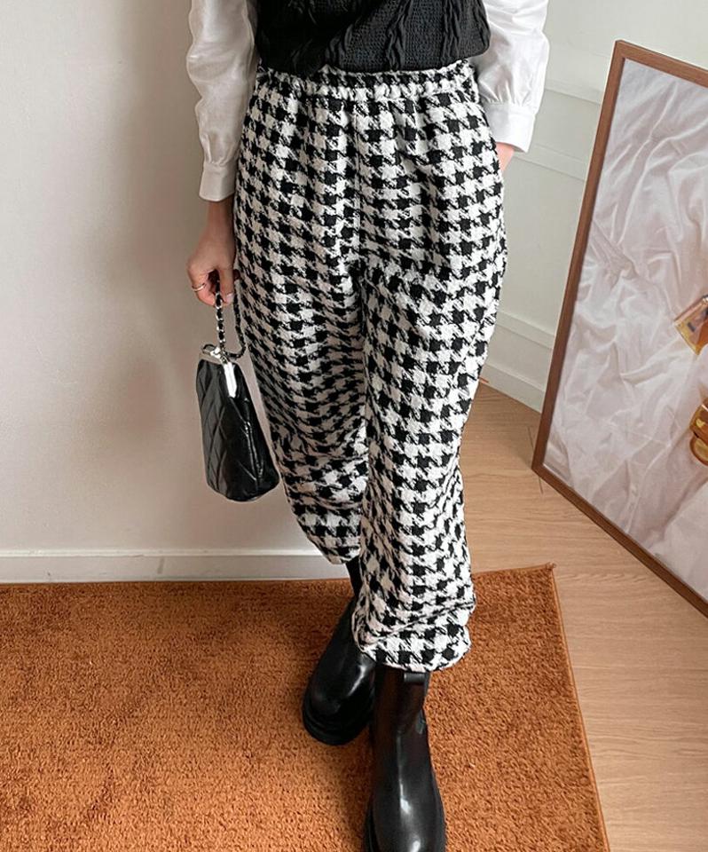 ハウンドトゥースジョガーパンツ・全2色・b66301 レディース 【pt】韓国ファッション ボトムス ロング ロングパンツ ハウンドトゥースチェック ジョガーパンツ 体型もカバー ハイウエスト ウエストゴム スクールガール カラーパンツ デイリー 秋 冬