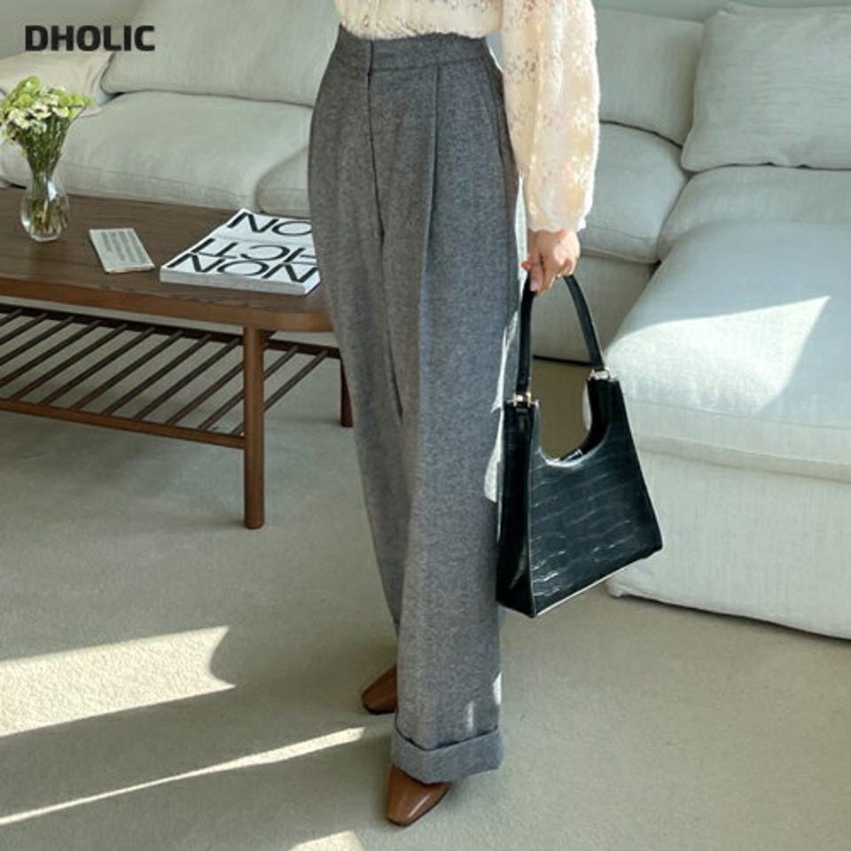 ヘリンボーンロールアップワイドスラックス・全3色・t66304 レディース 【pt】韓国ファッション ボトムス ロング ロングパンツ スラックスパンツ スラックス ヘリンボーン ロールアップ ウール混 シンプル ストレート 体型カバー カジュアル 秋 冬