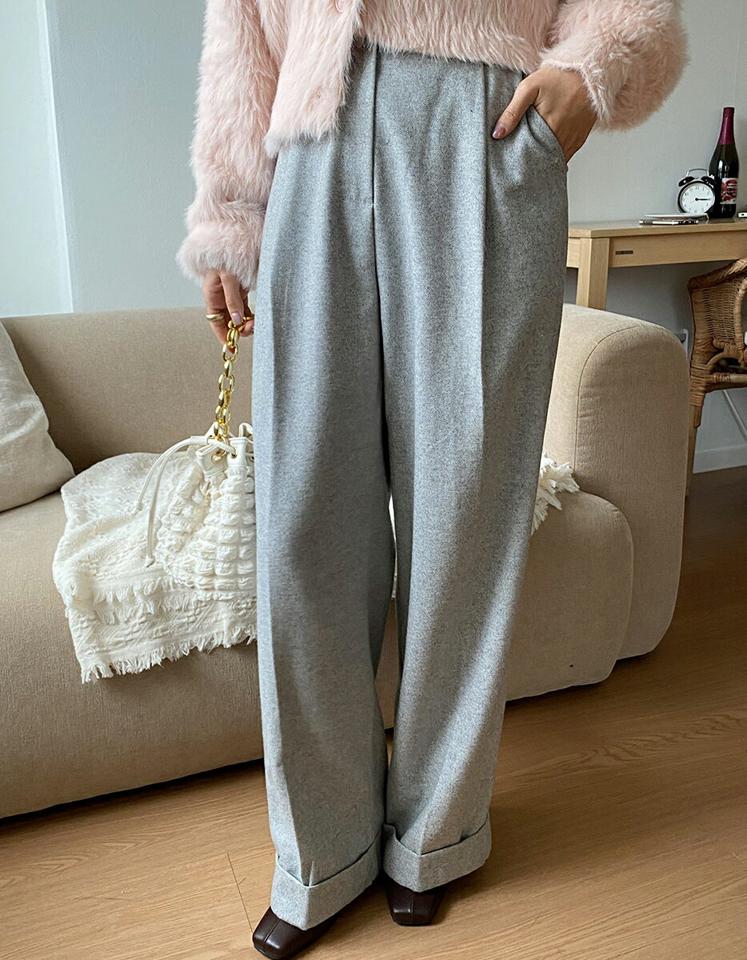 ヘリンボーンロールアップワイドスラックス・全3色・t66304 レディース 【pt】韓国ファッション ボトムス ロング ロングパンツ スラックスパンツ スラックス ヘリンボーン ロールアップ ウール混 シンプル ストレート 体型カバー カジュアル 秋 冬